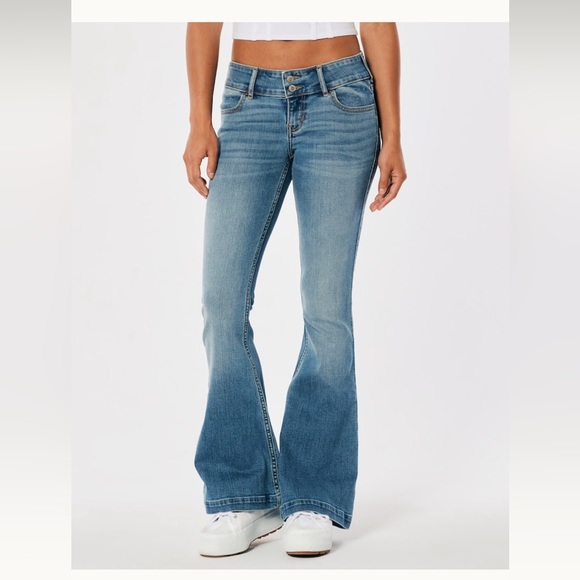 Hollister Low Rise Medium Wash Y2K Flare Jeans Two Buttons - Picture 2 of 8